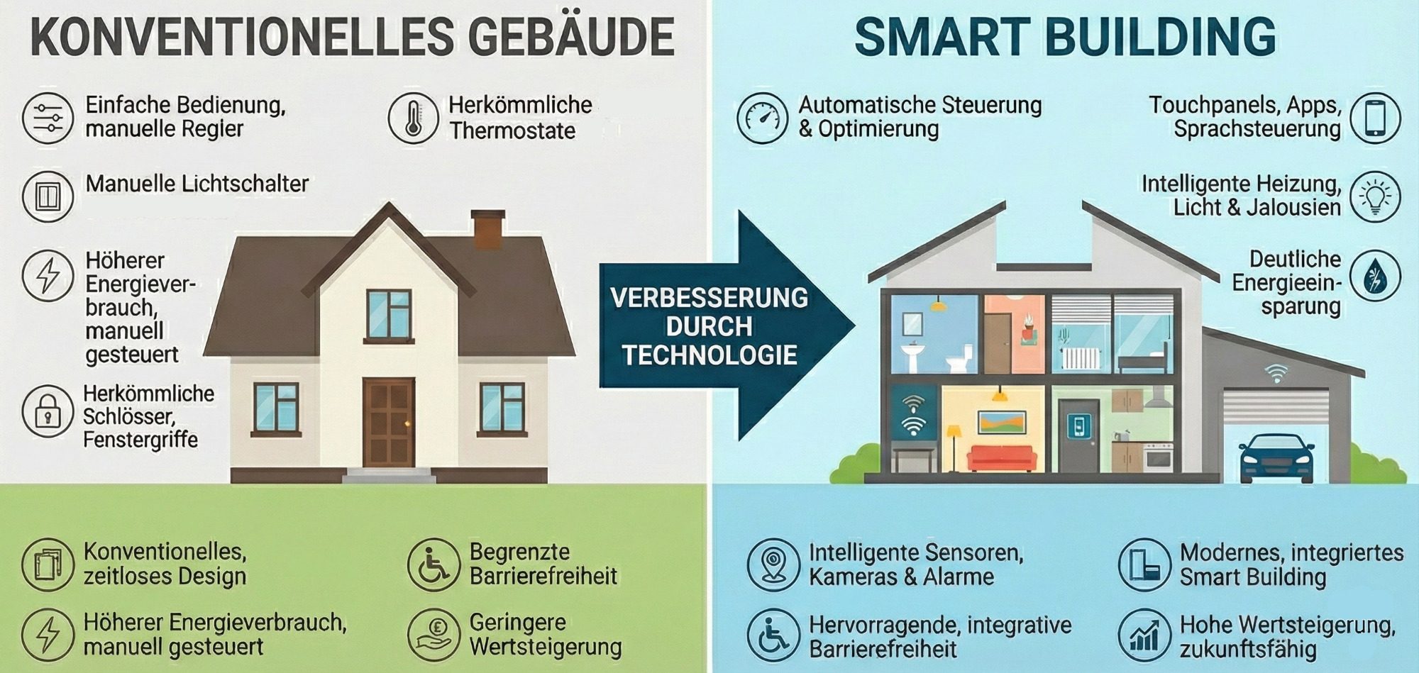 Neubau mit Gebäudeautomation und KNX Vergleich der Funktionen einer konventionellen Elektrotechnik zu smart home bei Wohn- und Gewerbeimmobilien.